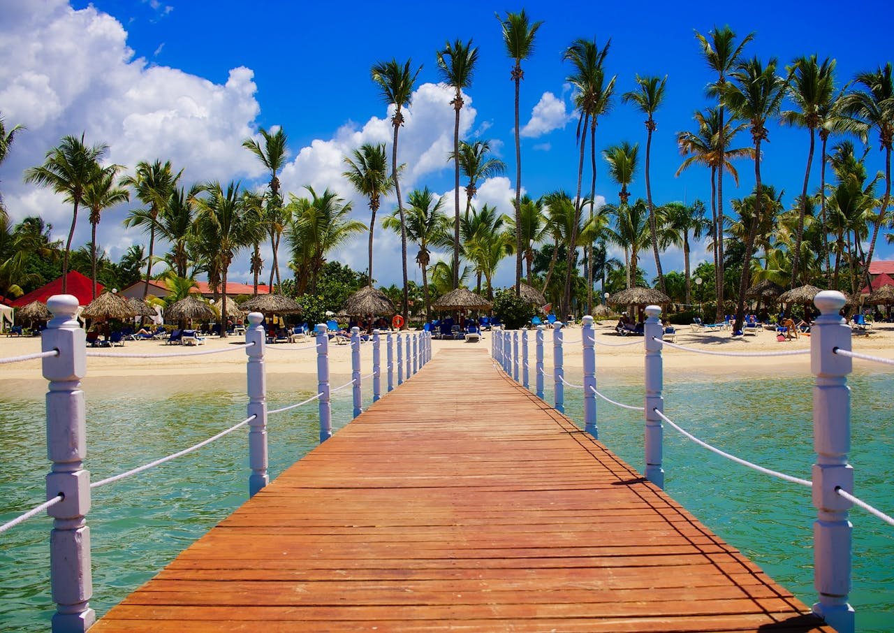why-choose-us-01 Wooden dock leading to a tropical beach resort with palm trees and clear blue waters.